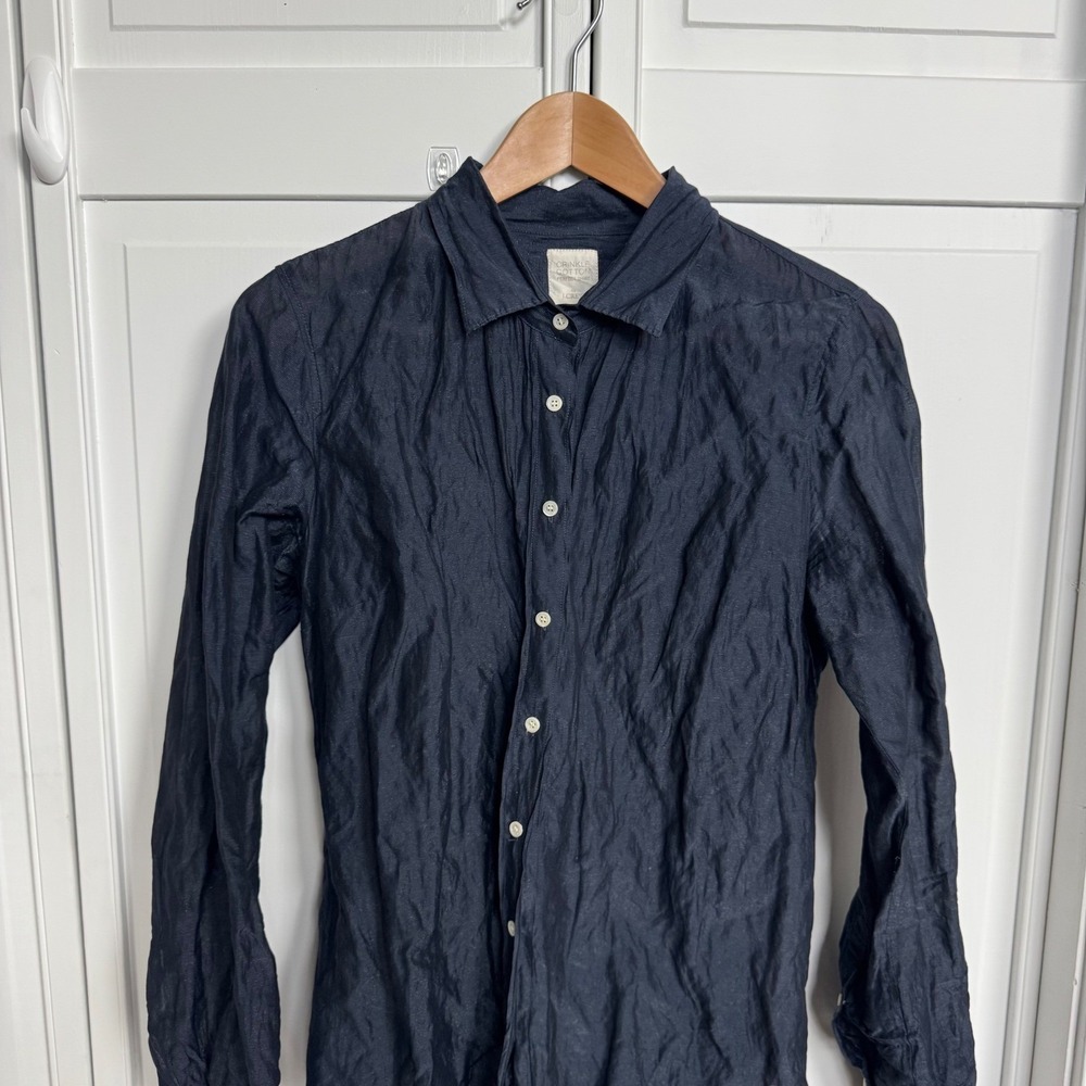 J.Crew Crinkle Cotton Metallic Perfect Shirt Navy Blue Button Down Size 10